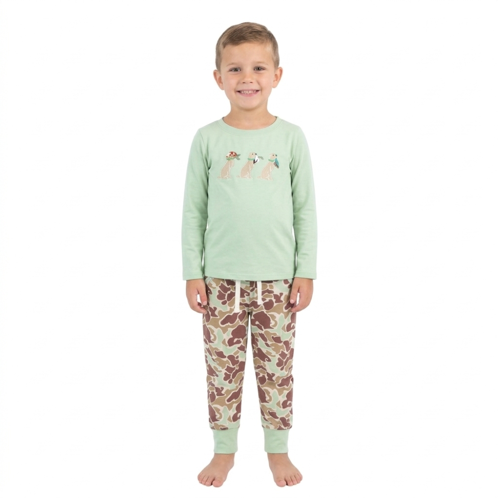 BLP1492  RTS Green puppy duck deer embroidery long sleeve boy camo  outfits