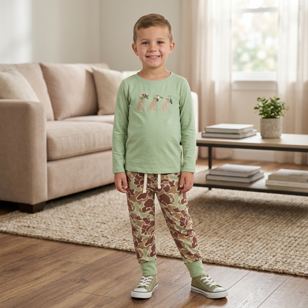 BLP1492  RTS Green puppy duck deer embroidery long sleeve boy camo  outfits