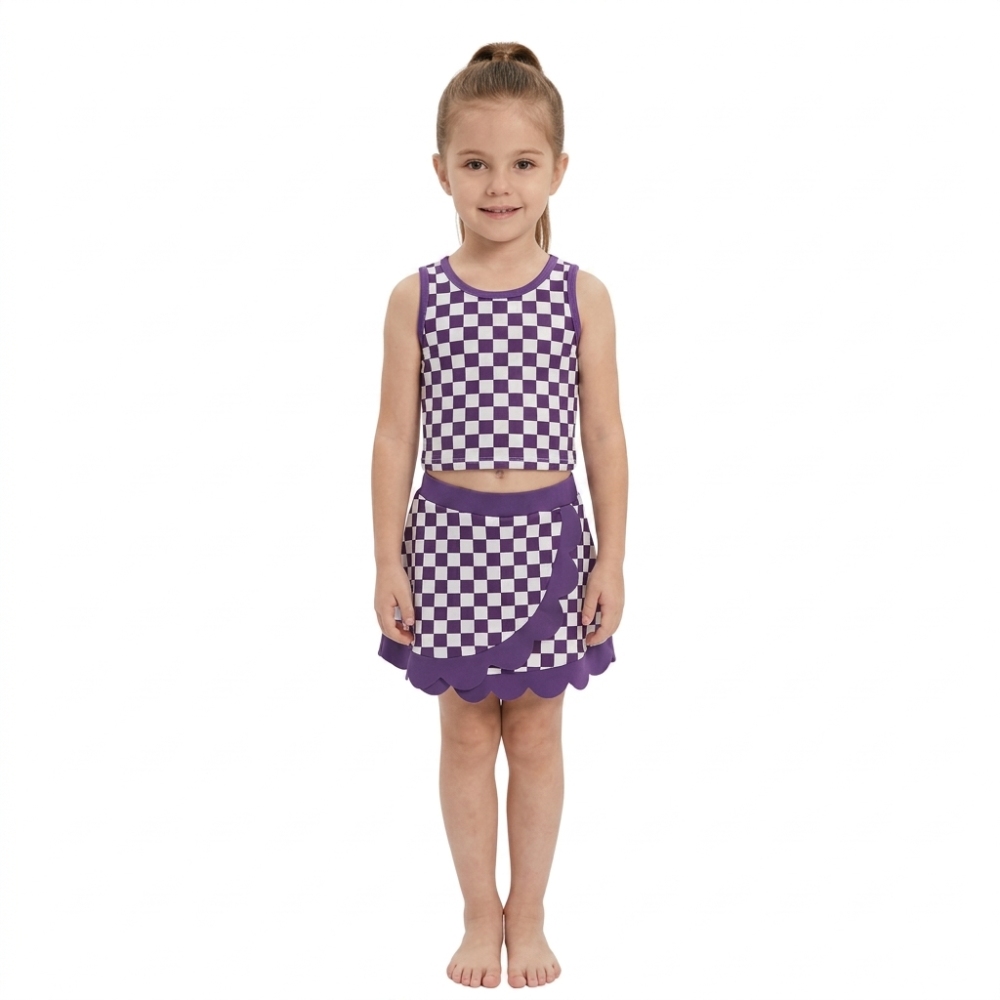 GSD4251  RTS Purple white plaid print active girl yoga scallop skirt dress