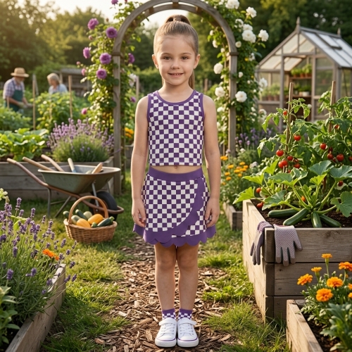 GSD4251  RTS Purple white plaid print active girl yoga scallop skirt dress