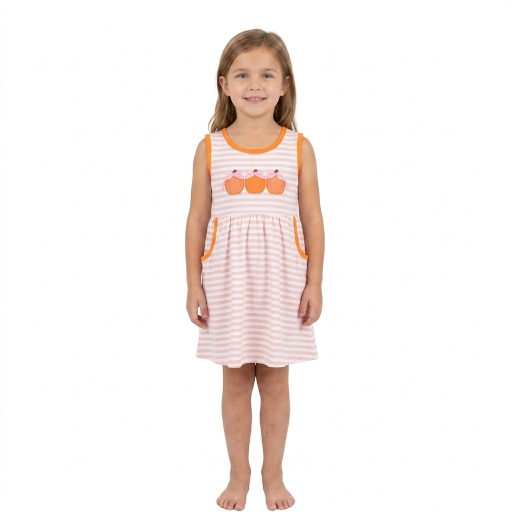 GSD4265  RTS Orange stripe pumpkin embroidery girl dress