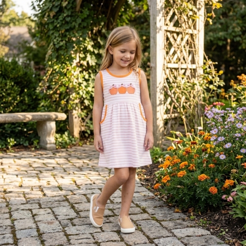 GSD4265  RTS Orange stripe pumpkin embroidery girl dress