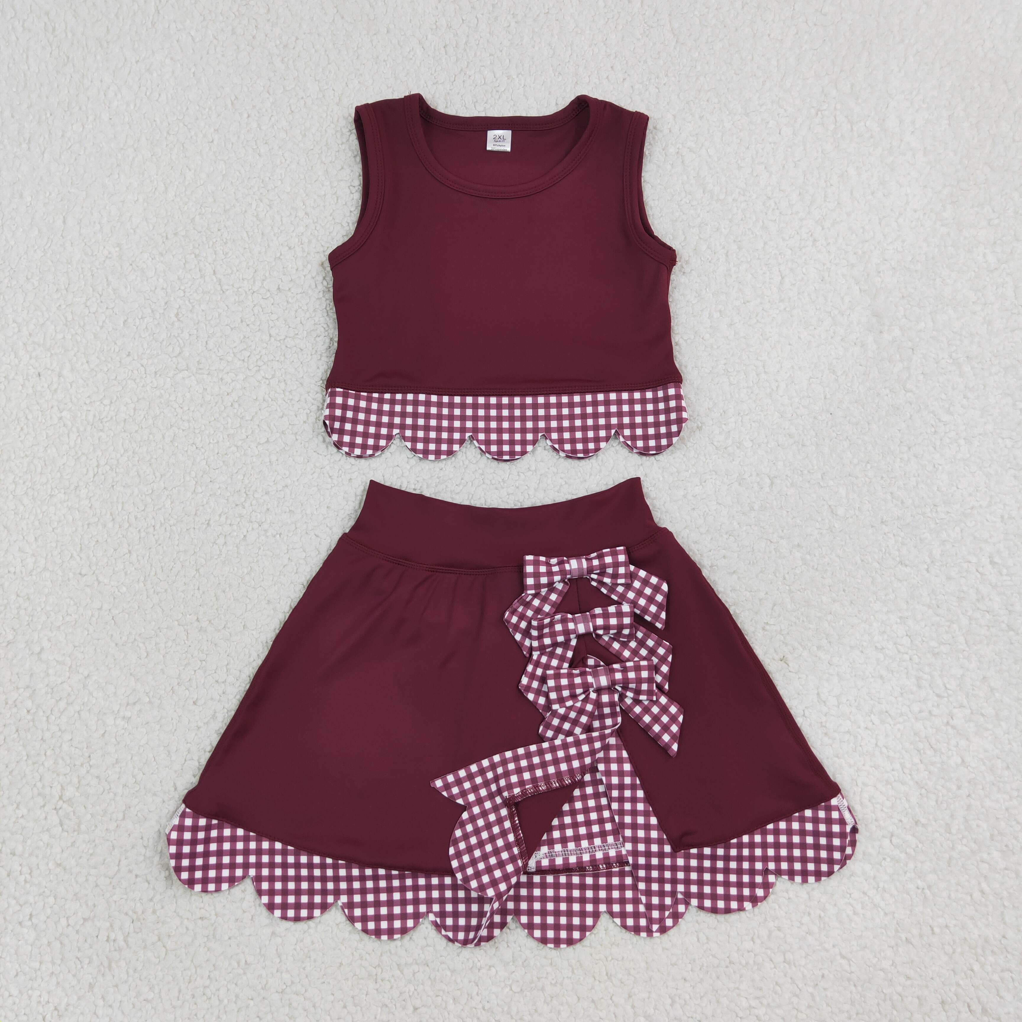 GSD4266 Burgundy solid scallop print active girl yoga skirt dress