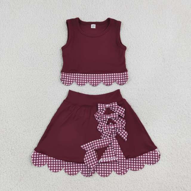 GSD4266 Burgundy solid scallop print active girl yoga skirt dress