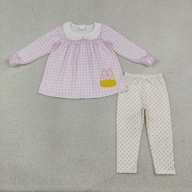 GLP3320 Pink Plaid bows candy print long sleeve girl Halloween outfits