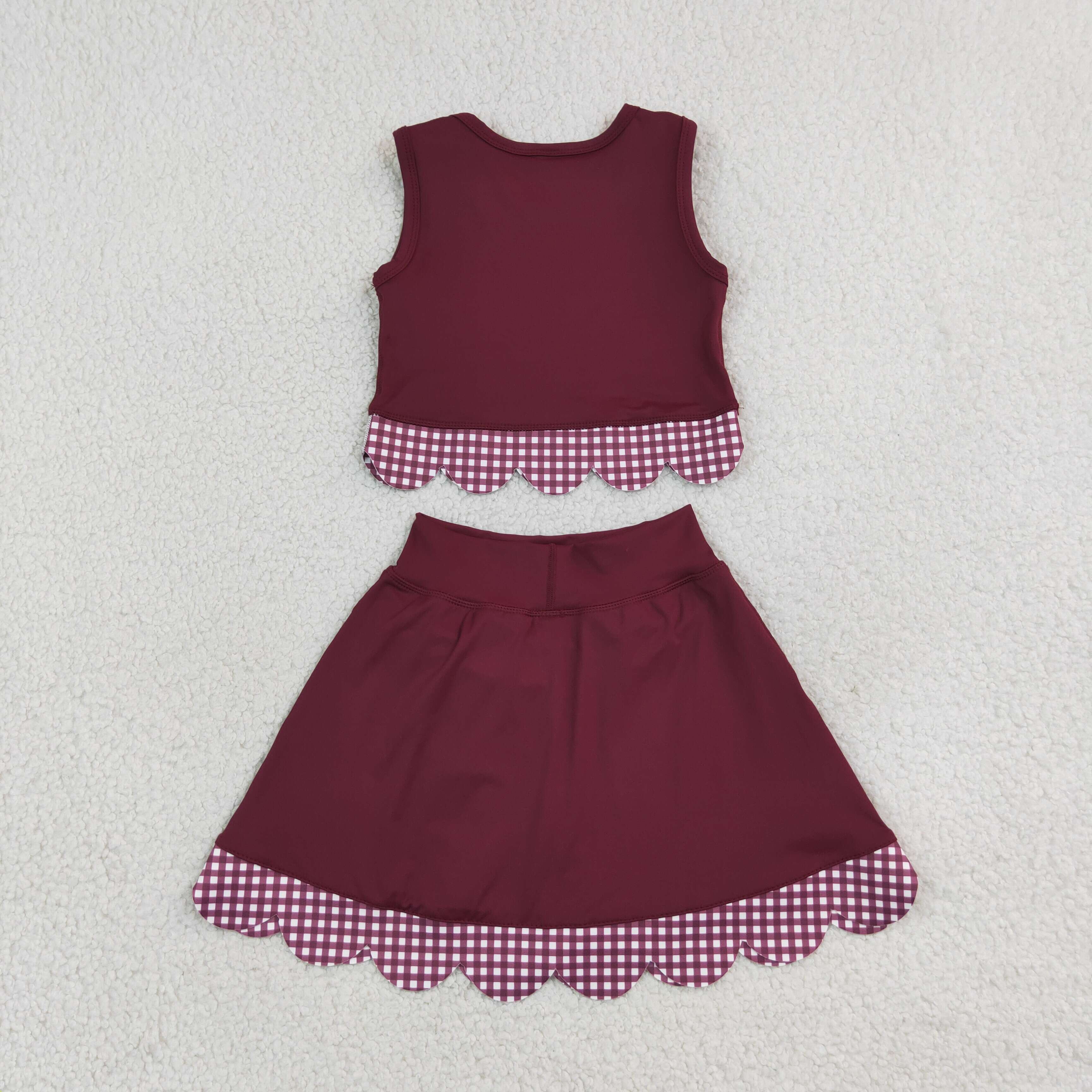 GSD4266 Burgundy solid scallop print active girl yoga skirt dress