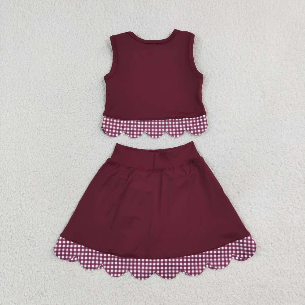 GSD4266 Burgundy solid scallop print active girl yoga skirt dress