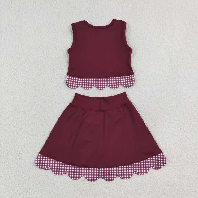 GSD4266 Burgundy solid scallop print active girl yoga skirt dress