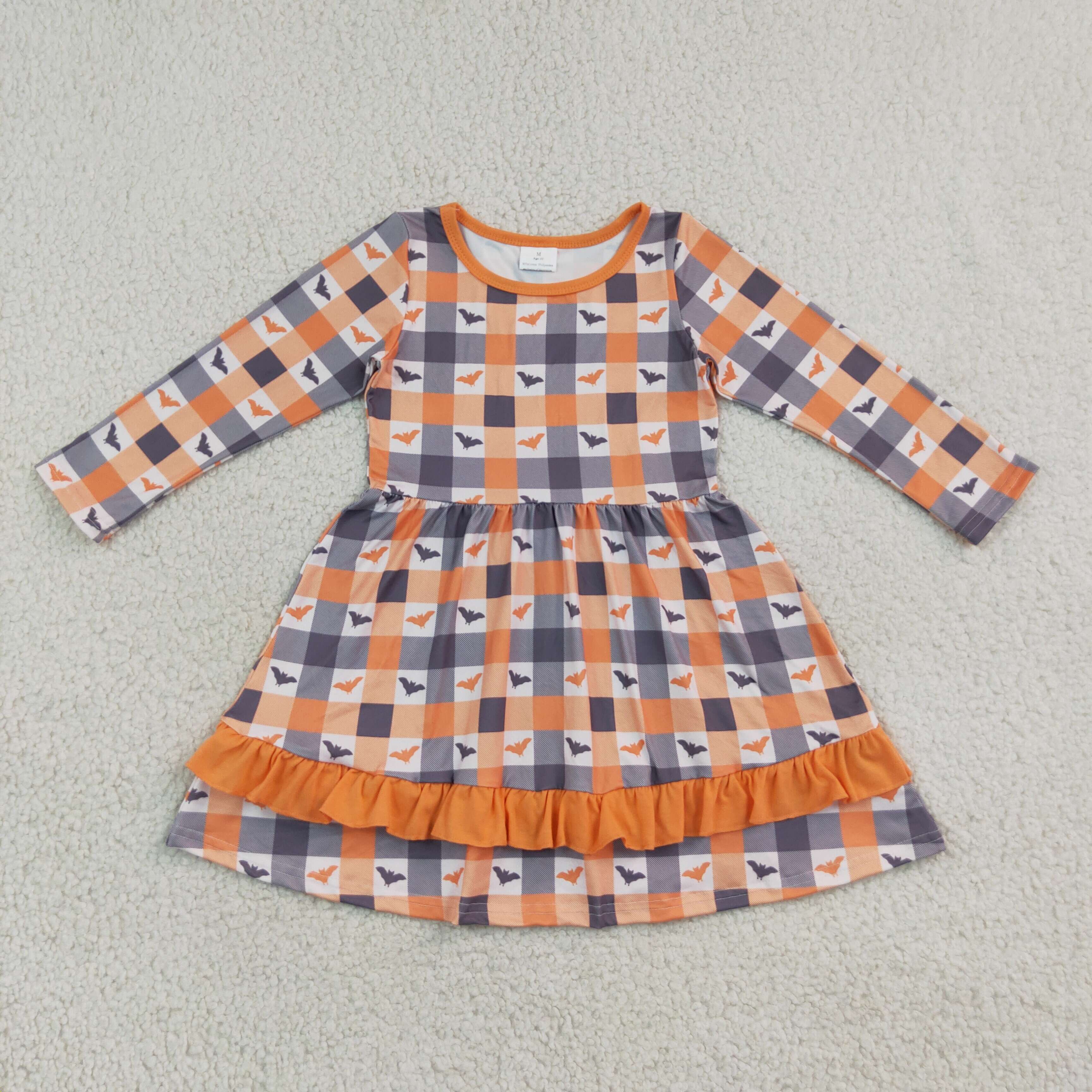 GLD1707  Orange grey plaidhalloween bat print girl sleeveless dress
