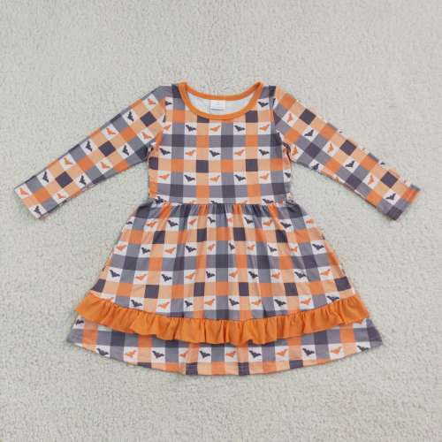 GLD1707  Orange grey plaidhalloween bat print girl sleeveless dress