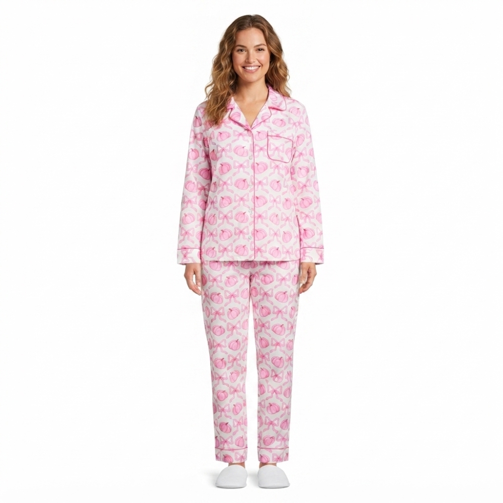 GLP3423 ADULT WOMEN Pink bows pumpkin  print long sleeve pajamas