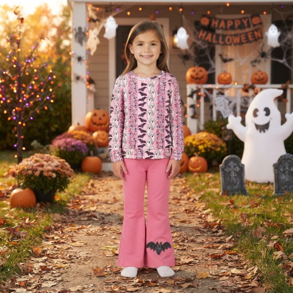 GLP3537 Pink Halloween bat boo long sleeve girl outfits