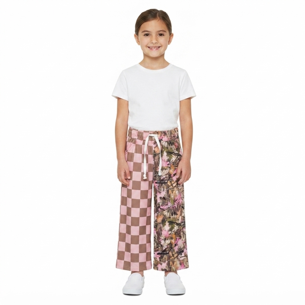 P1093 girl Pink brown plaid leaves trouse pants