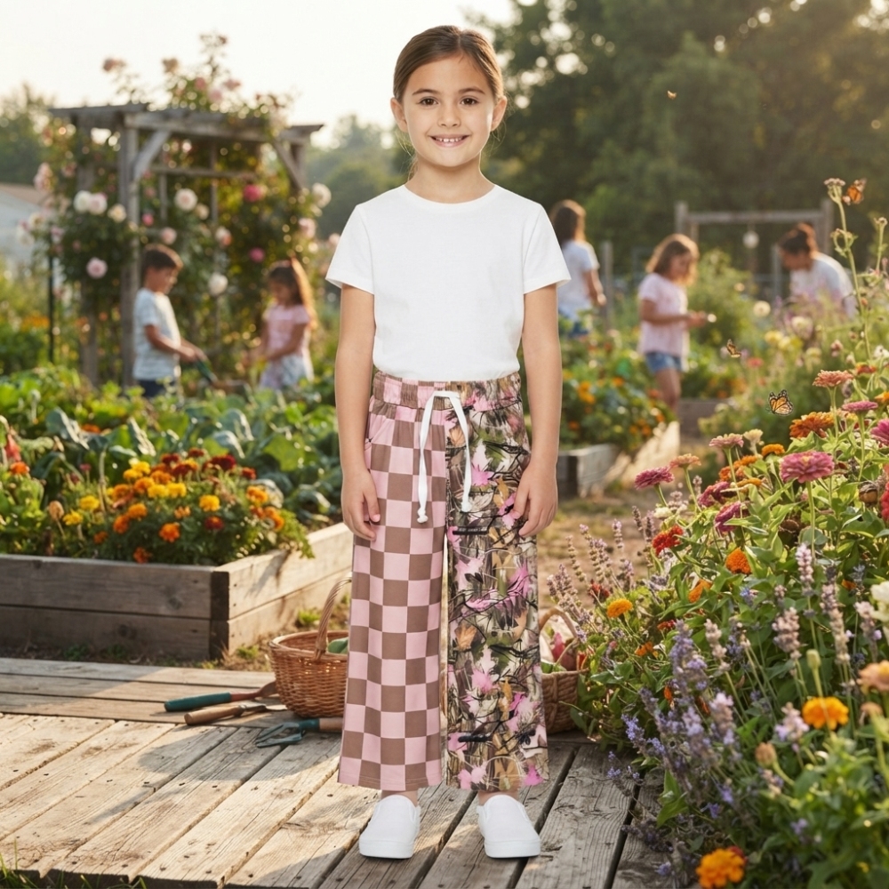 P1093 girl Pink brown plaid leaves trouse pants