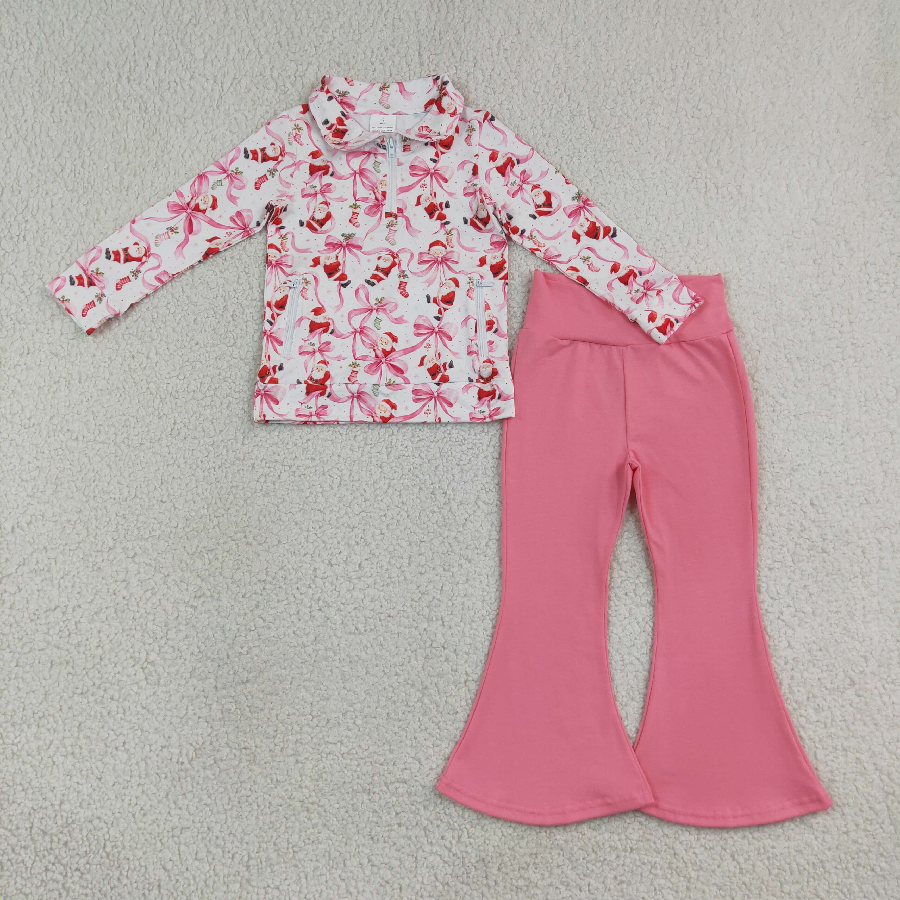 GLP3508 Pink Christmas Santa  bows long sleeve girl outfits