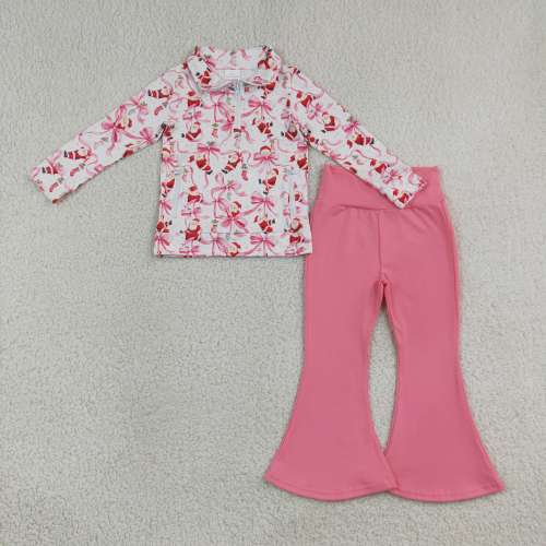 GLP3508 Pink Christmas Santa  bows long sleeve girl outfits