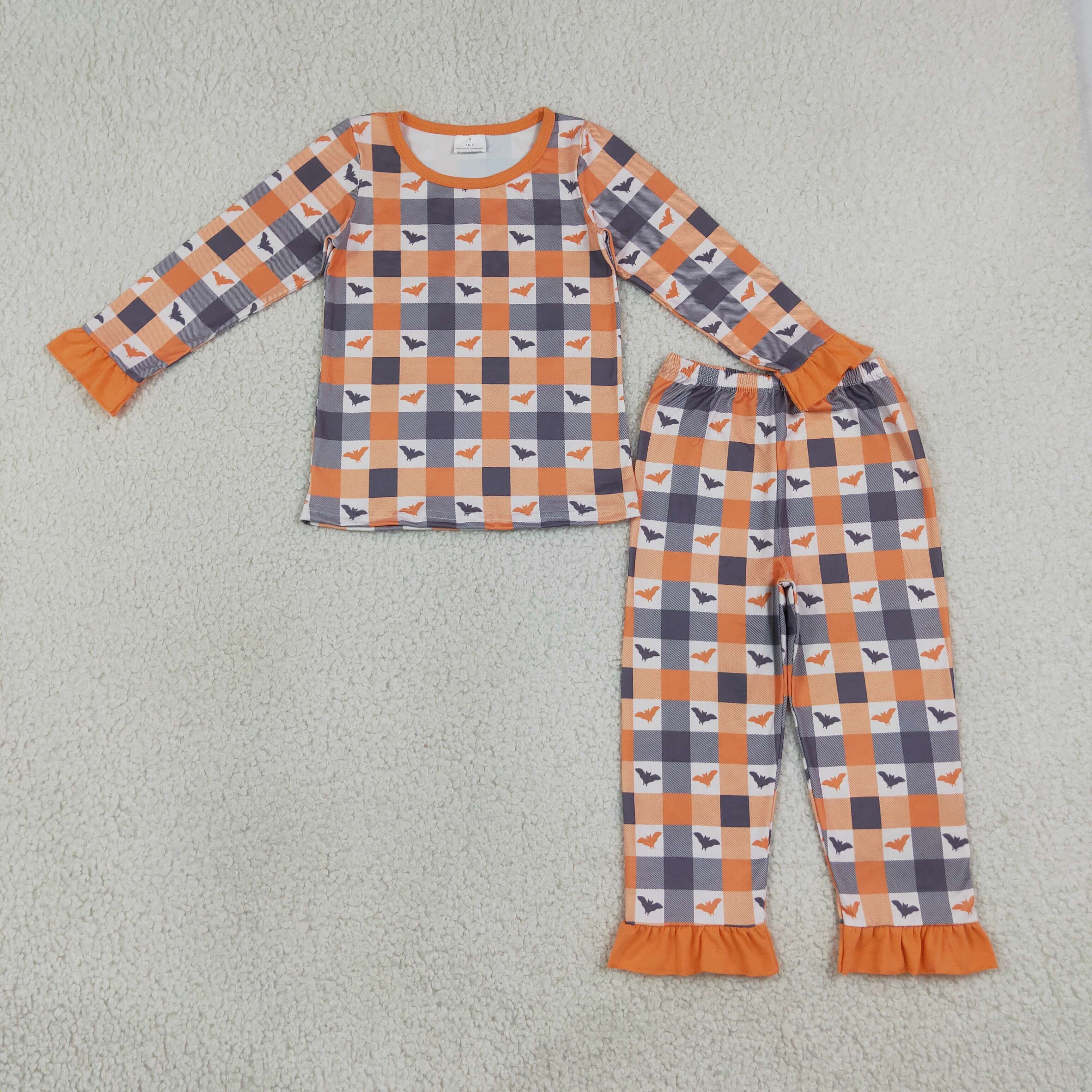 GLP3533 Halloween orange grey plaid bat Print long sleeve girl pajamas