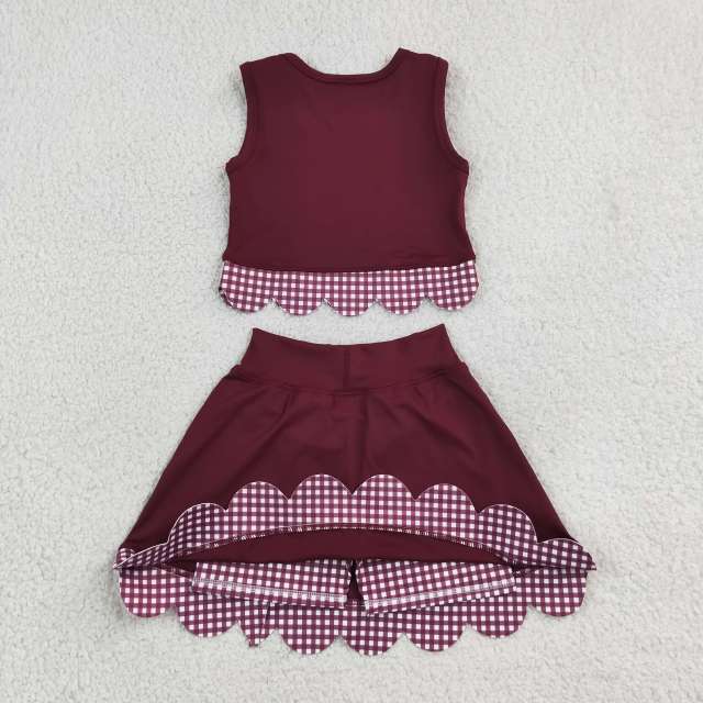 GSD4266 Burgundy solid scallop print active girl yoga skirt dress