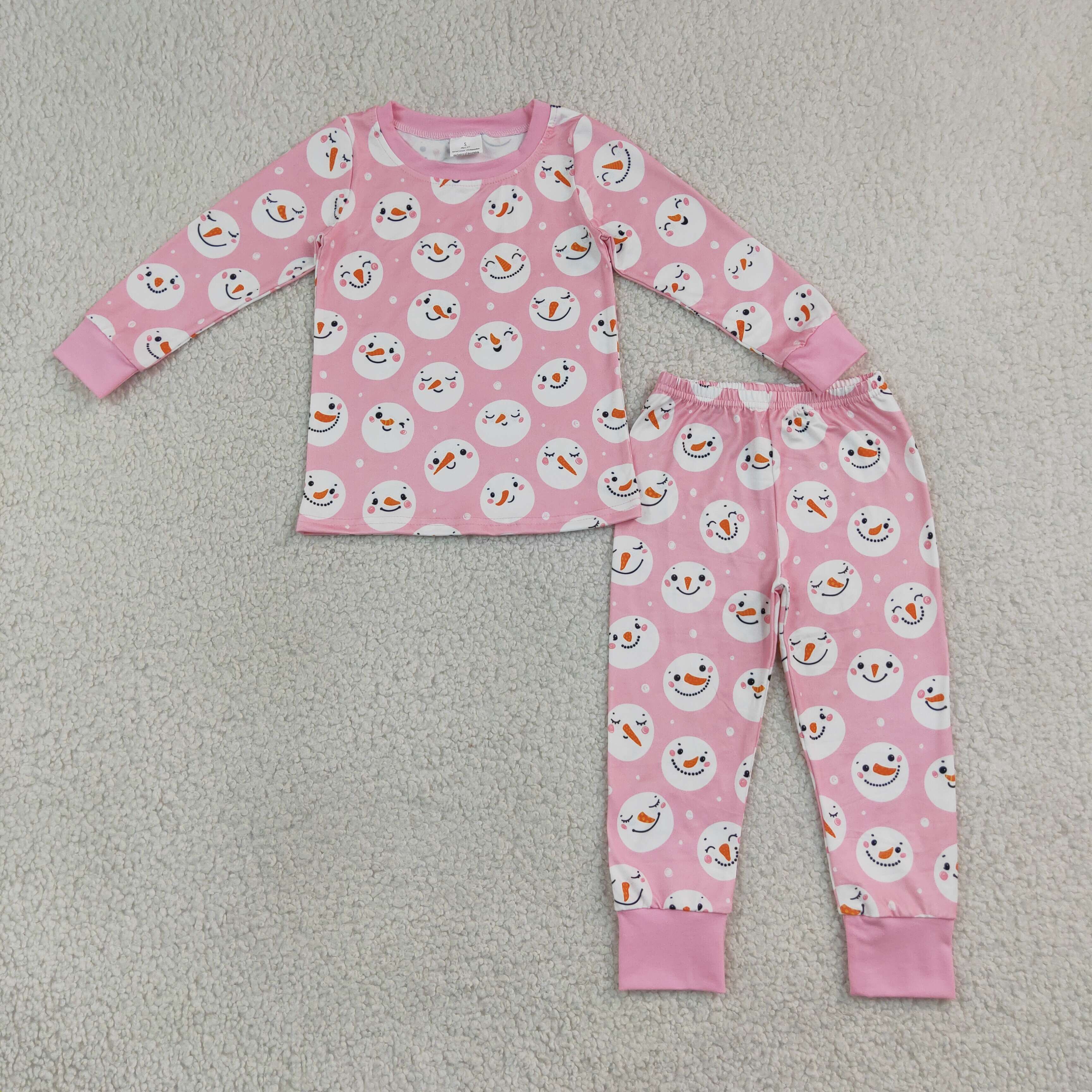 GLP3543 Pink snowman Print long sleeve girl pajamas