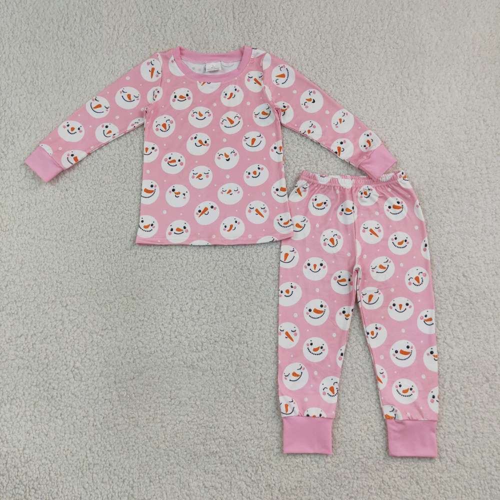 GLP3543 Pink snowman Print long sleeve girl pajamas