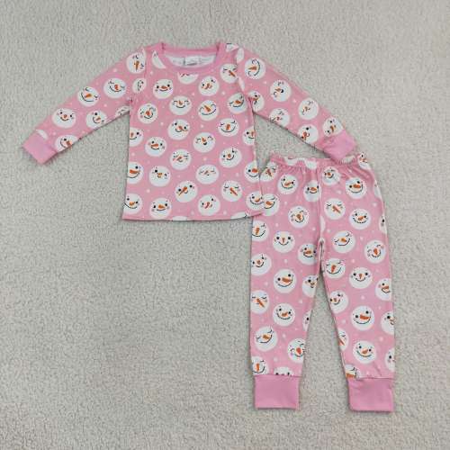 GLP3543 Pink snowman Print long sleeve girl pajamas