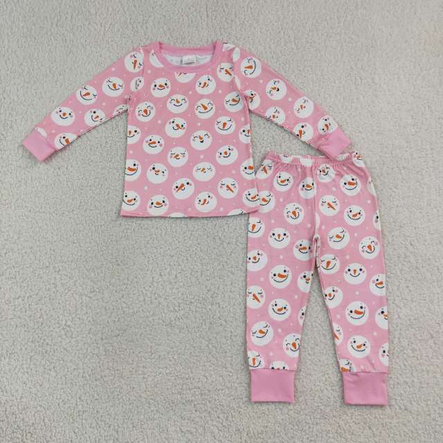 GLP3543 Pink snowman Print long sleeve girl pajamas