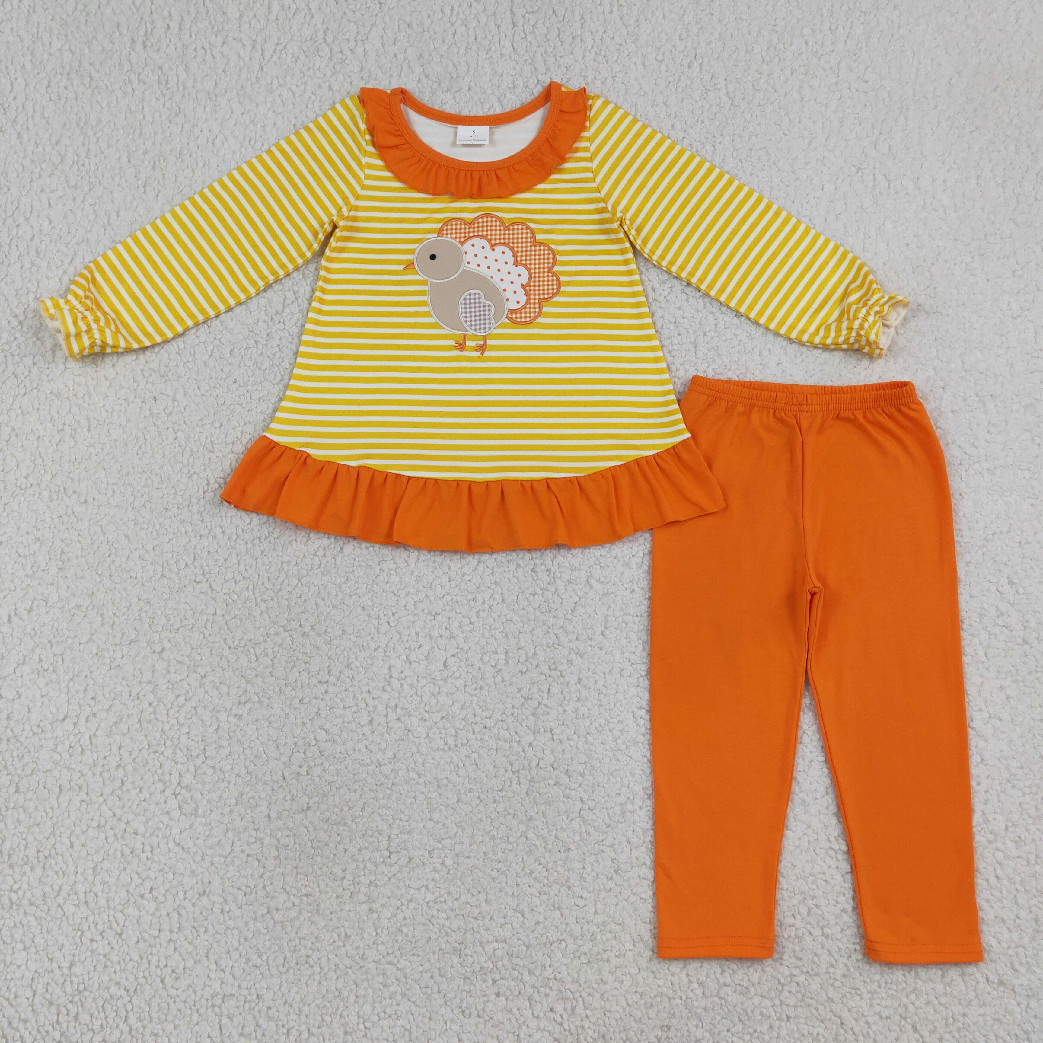 GLP3493Yellow stripe Thanksgiving day turkey embroidery long sleeve girl  outfits