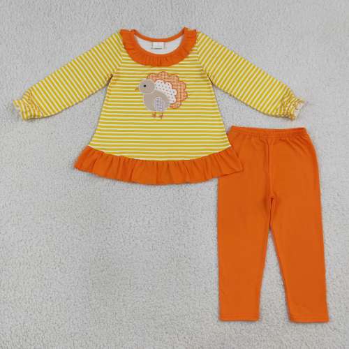 GLP3493Yellow stripe Thanksgiving day turkey embroidery long sleeve girl  outfits