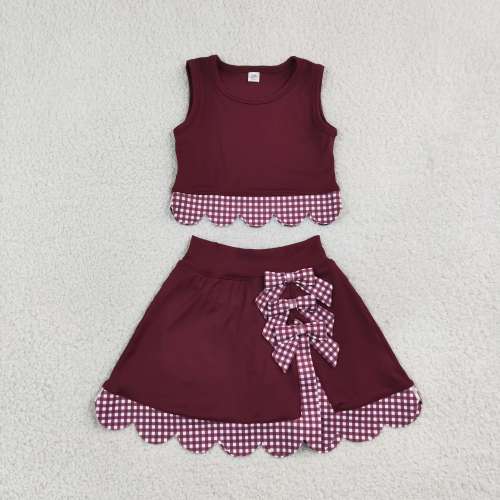 GSD4266 Burgundy solid scallop print active girl yoga skirt dress