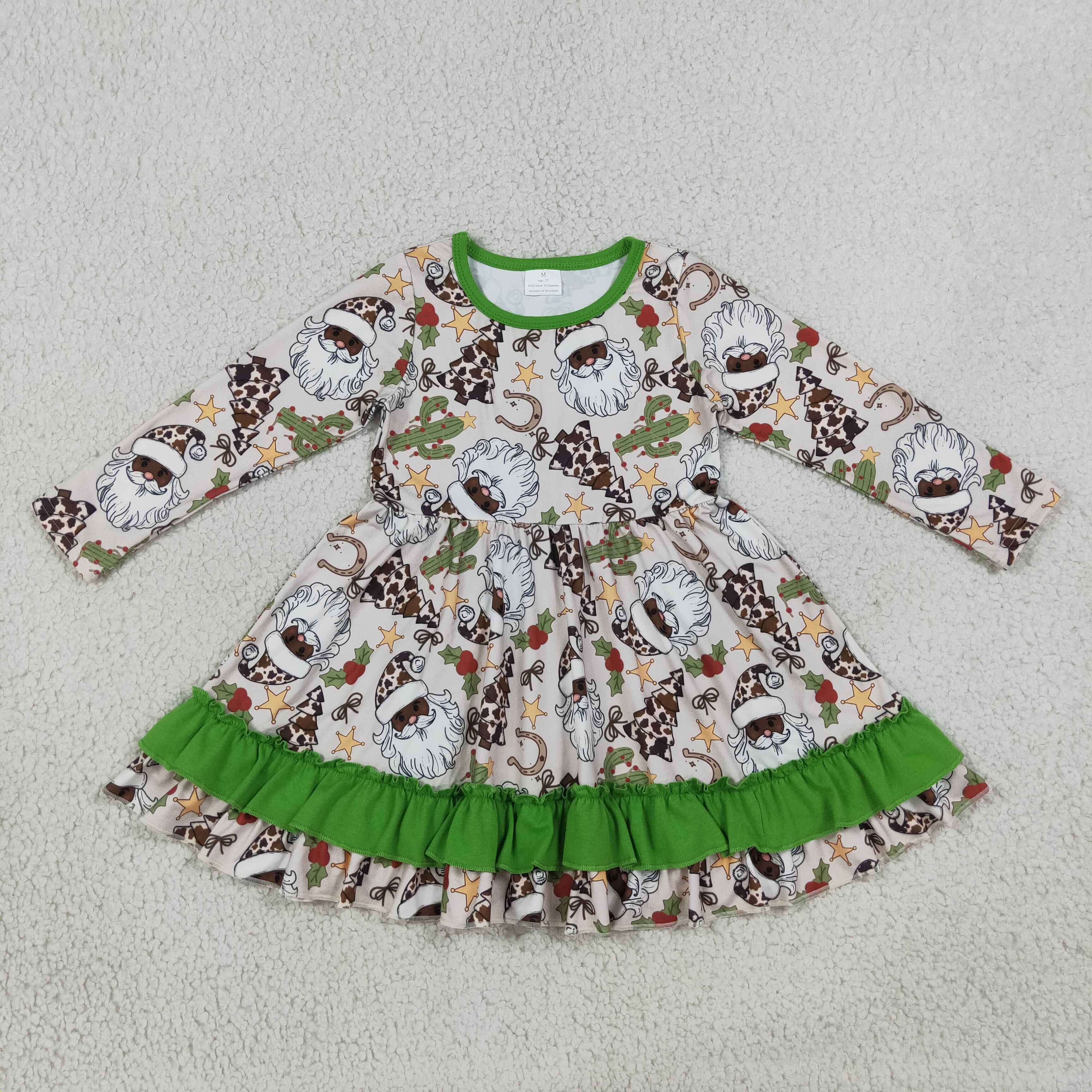 GLD1213 Green Christmas santa trees cactus print girl long sleeve dress