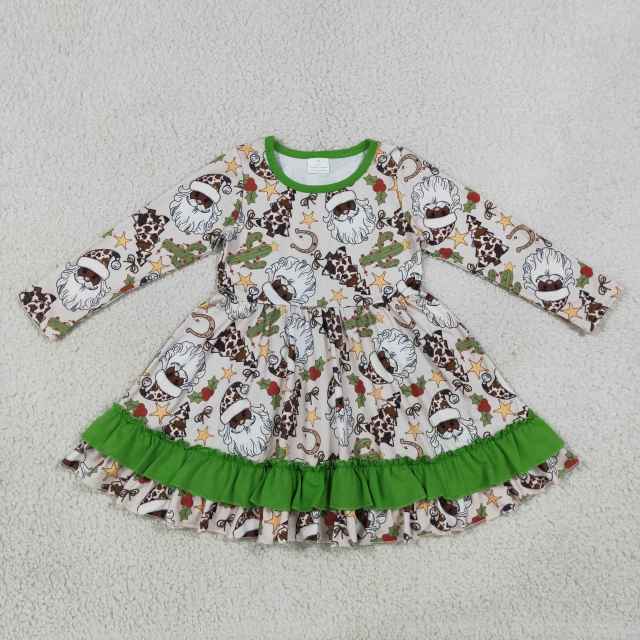 GLD1213 Green Christmas santa trees cactus print girl long sleeve dress