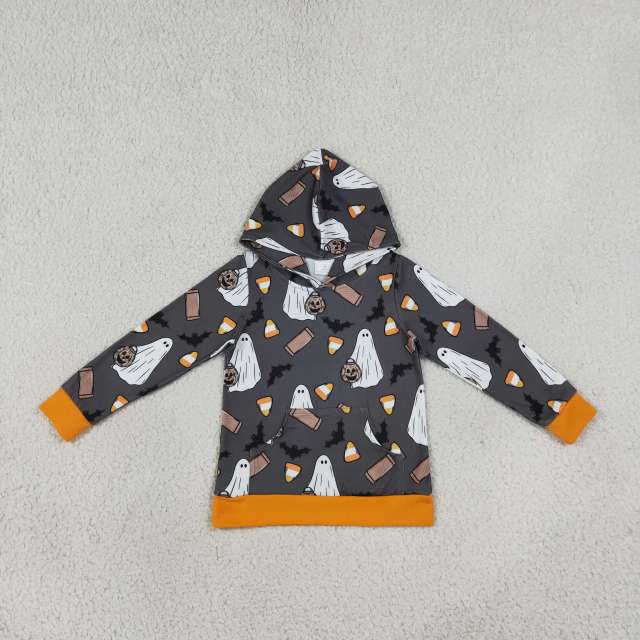 BT1898 Black Halloween ghost bat print girl long sleeve hoodie pullover