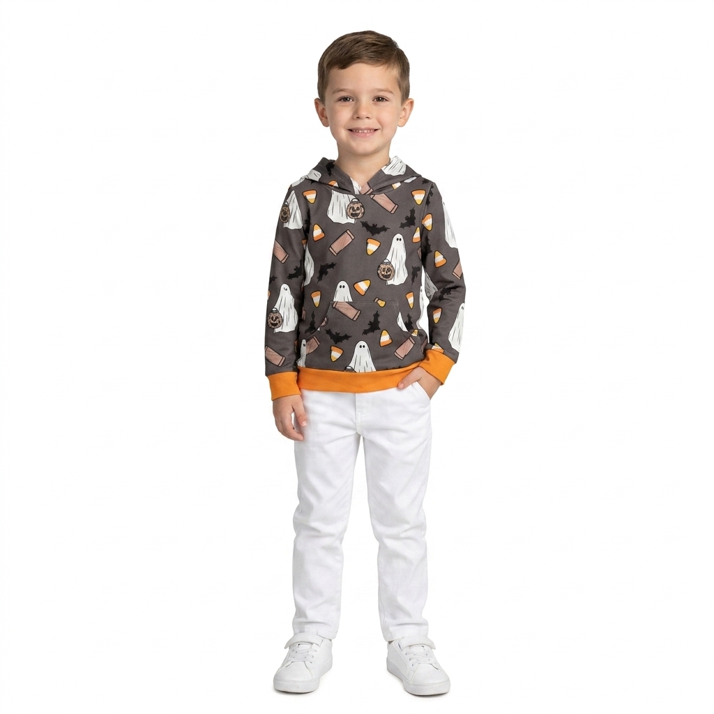 BT1898 Black Halloween ghost bat print girl long sleeve hoodie pullover