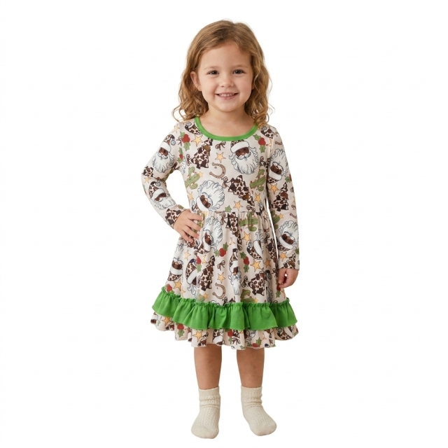 GLD1213 Green Christmas santa trees cactus print girl long sleeve dress