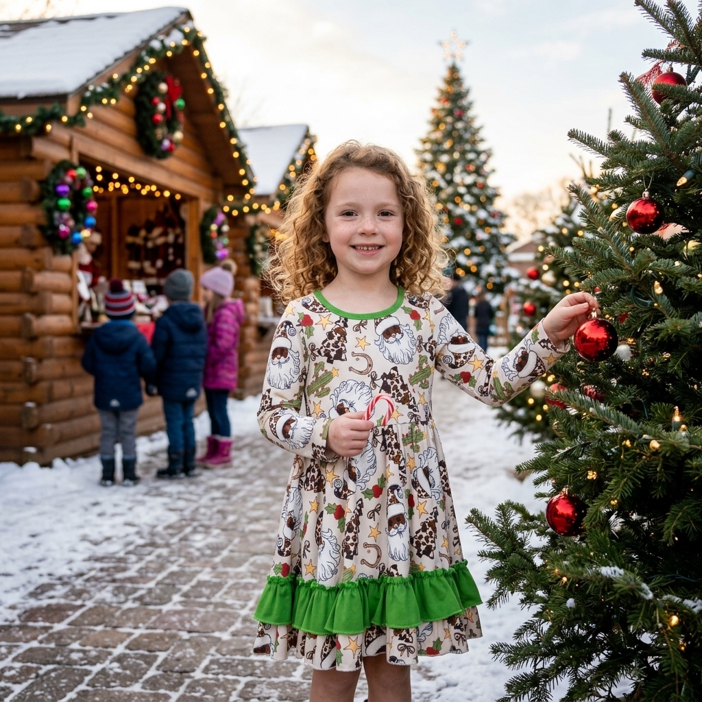GLD1213 Green Christmas santa trees cactus print girl long sleeve dress