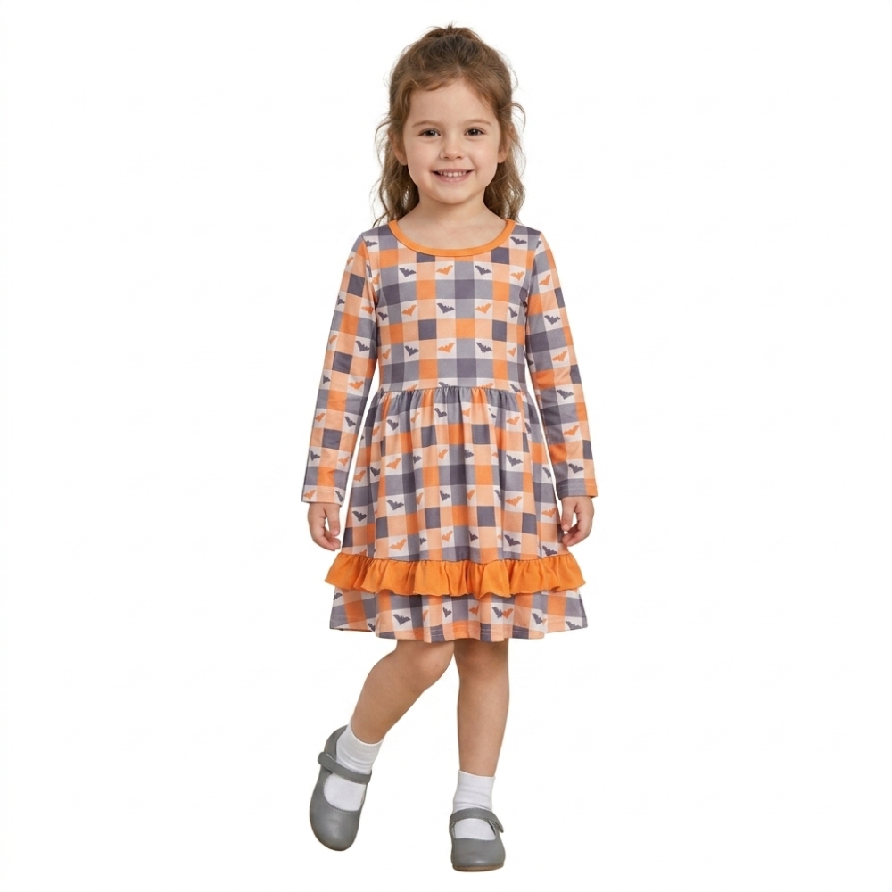 GLD1707  Orange grey plaidhalloween bat print girl sleeveless dress