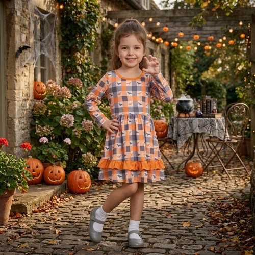 GLD1707  Orange grey plaidhalloween bat print girl sleeveless dress