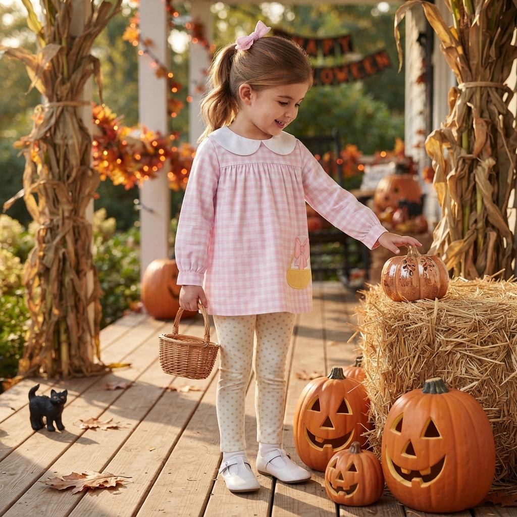 GLP3320 Pink Plaid bows candy print long sleeve girl Halloween outfits