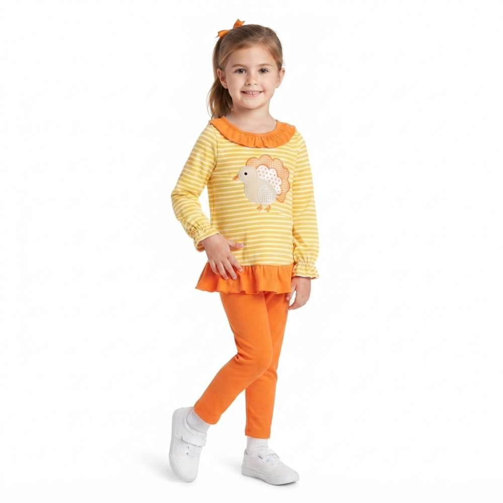 GLP3493Yellow stripe Thanksgiving day turkey embroidery long sleeve girl  outfits