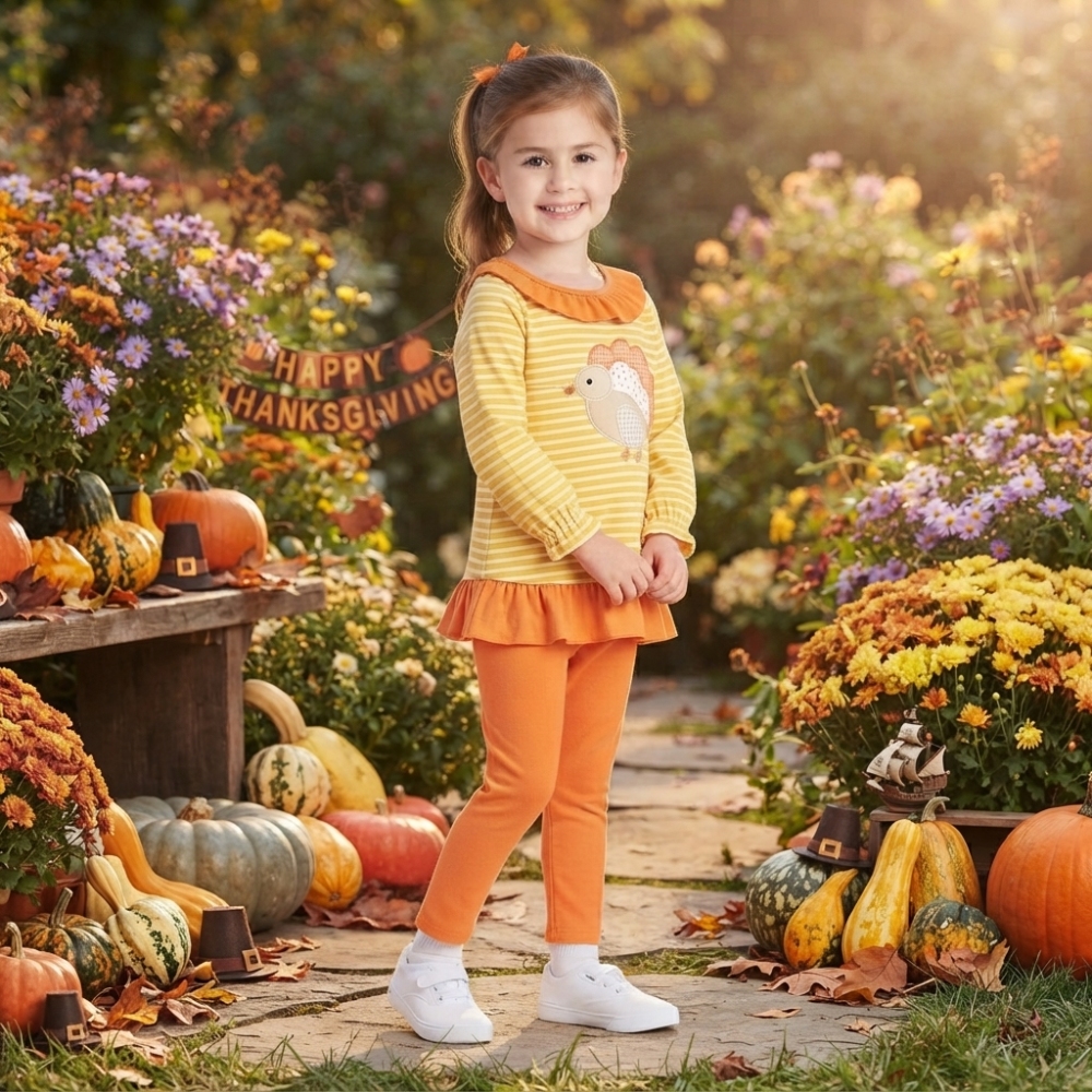 GLP3493Yellow stripe Thanksgiving day turkey embroidery long sleeve girl  outfits