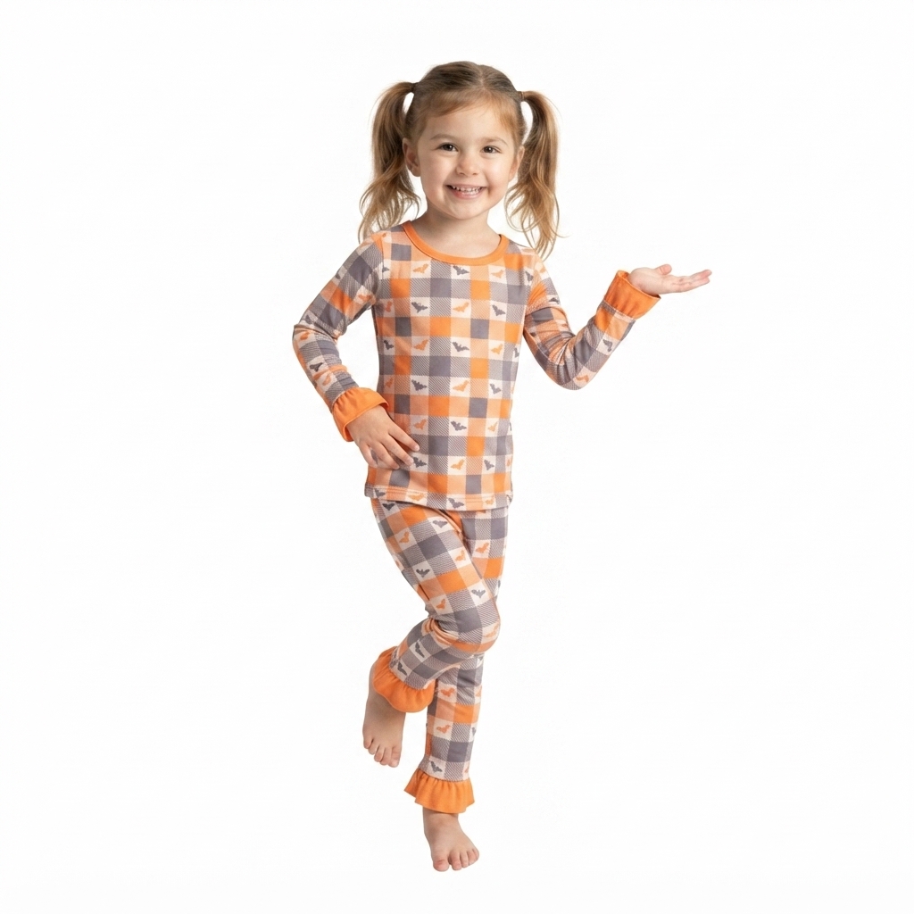 GLP3533 Halloween orange grey plaid bat Print long sleeve girl pajamas