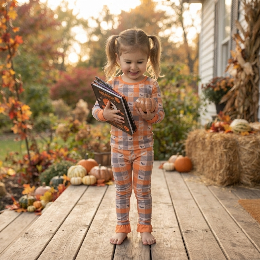 GLP3533 Halloween orange grey plaid bat Print long sleeve girl pajamas