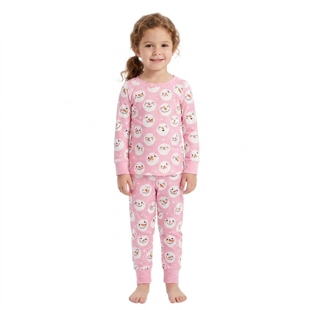 GLP3543 Pink snowman Print long sleeve girl pajamas