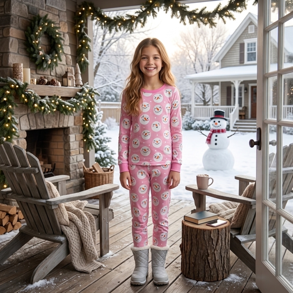 GLP3543 Pink snowman Print long sleeve girl pajamas