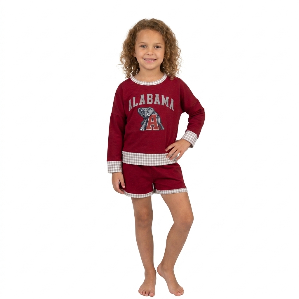 GLS0165  Baby Girls long sleeve Team Alabama vinyl Top school Team with shorts Clothes Sets