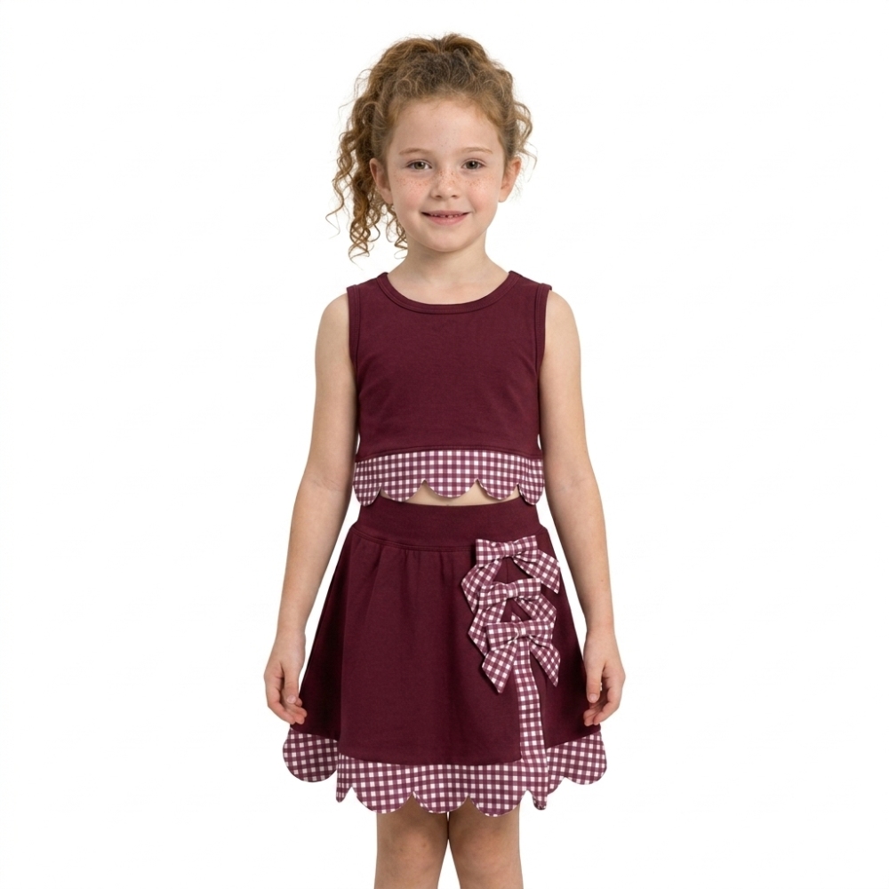 GSD4266 Burgundy solid scallop print active girl yoga skirt dress