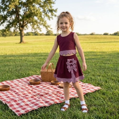 GSD4266 Burgundy solid scallop print active girl yoga skirt dress