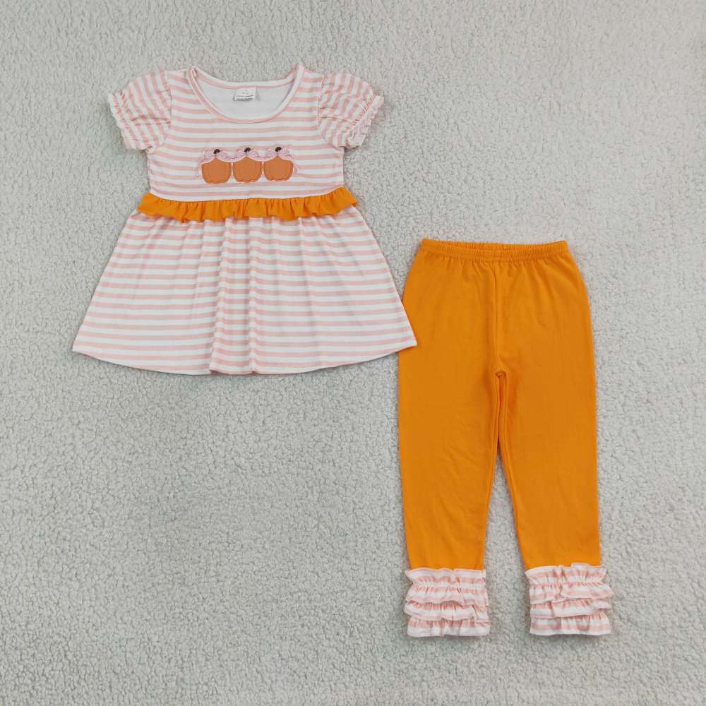 GSPO2337  fall season Pumpkin embroidery long sleeve girl short sleeve outfits