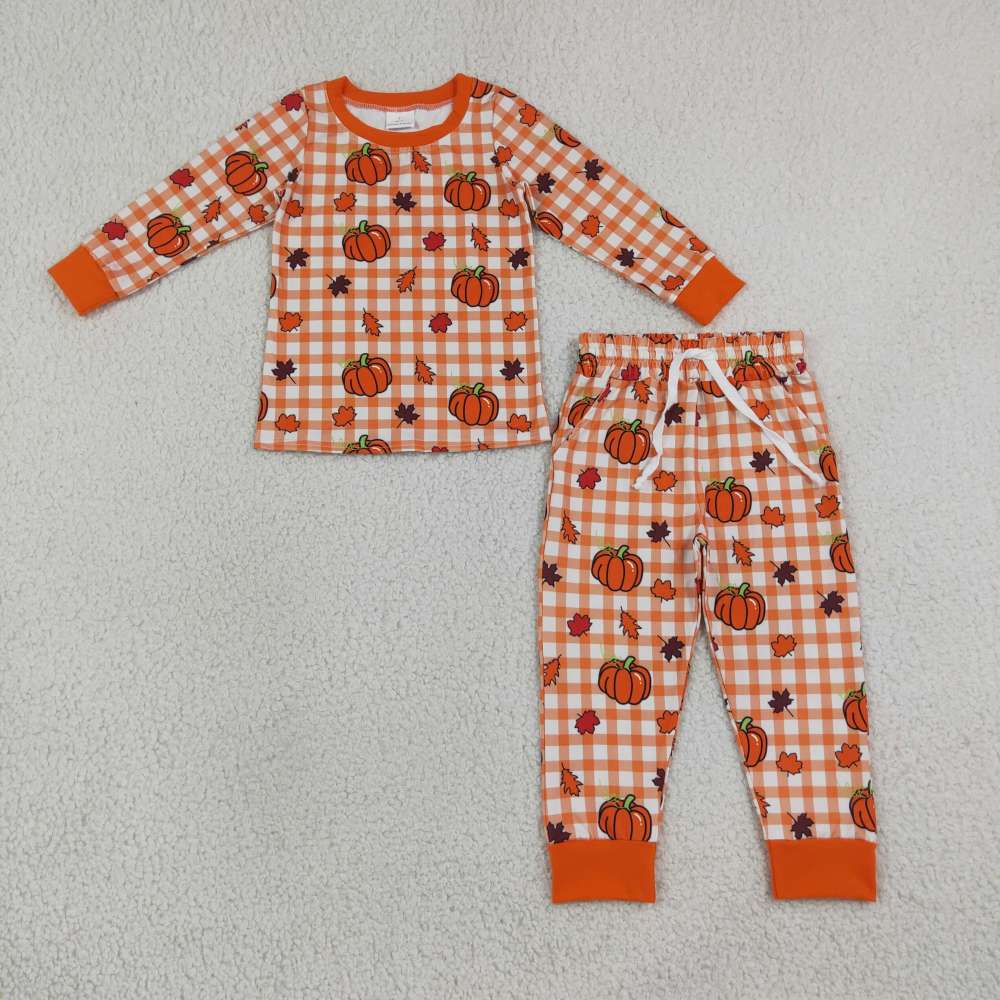 BLP1540  RTS boys Halloween orange pumpkin leaves print long sleeve boy pajamas set