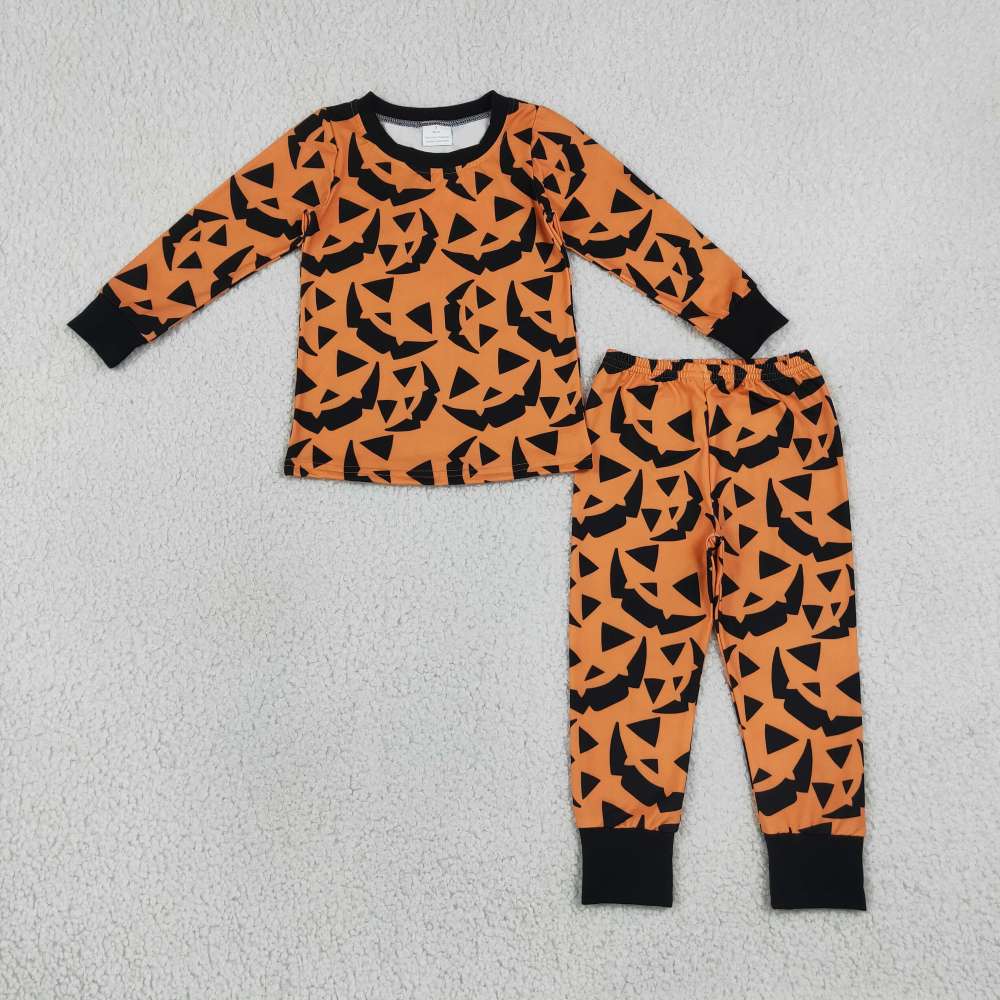 BLP1549  RTS boys Halloween orange pumpkin face print long sleeve boy pajamas set